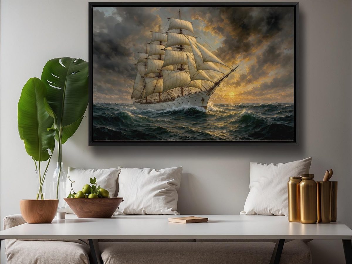 Segelschiff im Abendlicht , Bild auf Leinwand im Schattenfugenrahmen