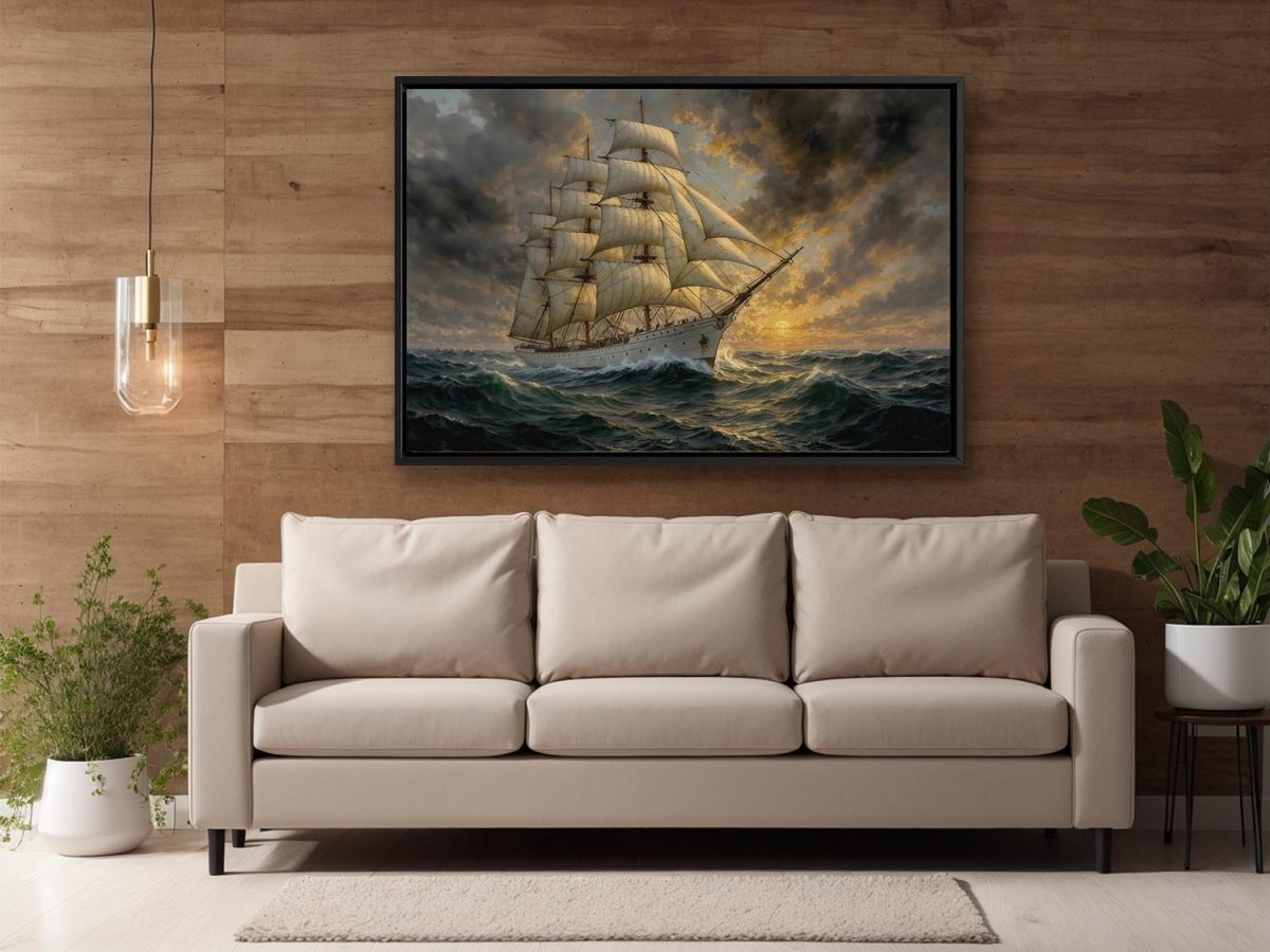 Segelschiff im Abendlicht , Bild auf Leinwand im Schattenfugenrahmen