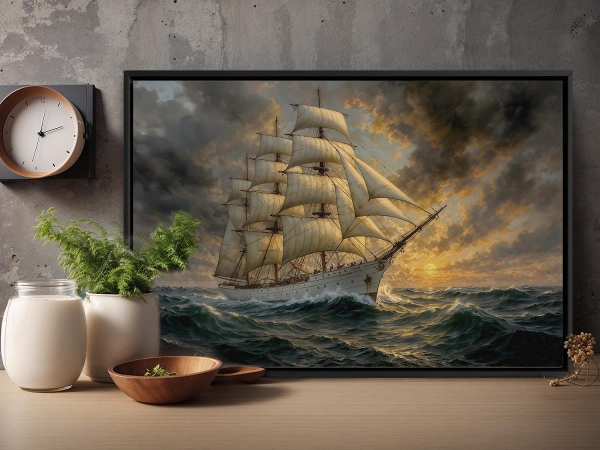 Segelschiff im Abendlicht , Bild auf Leinwand im Schattenfugenrahmen