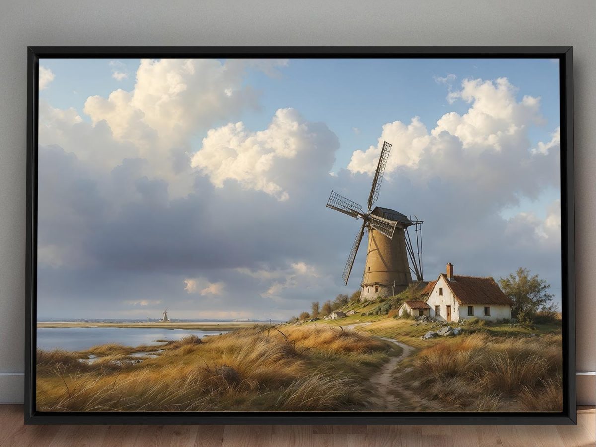 Historische Windmühlenlandschaft , Bild auf Leinwand im Schattenfugenrahmen