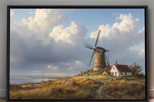 57-628.jpg Historische Windmühlenlandschaft , Bild auf Leinwand im Schattenfugenrahmen