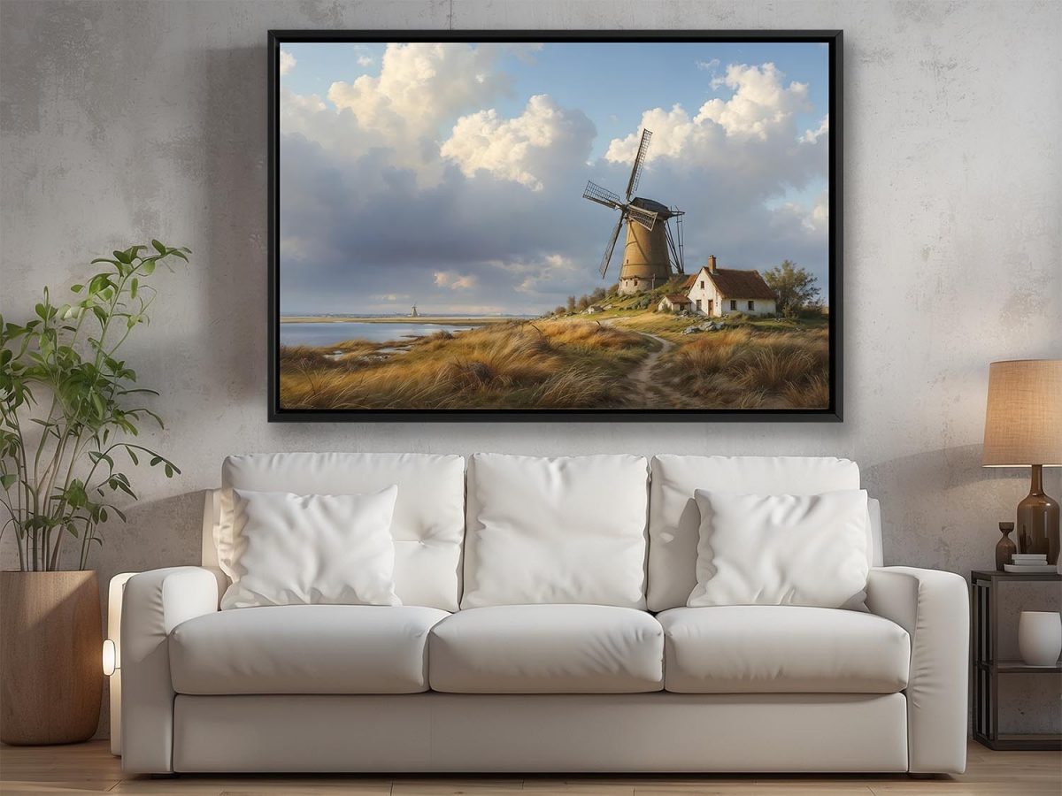 Historische Windmühlenlandschaft , Bild auf Leinwand im Schattenfugenrahmen