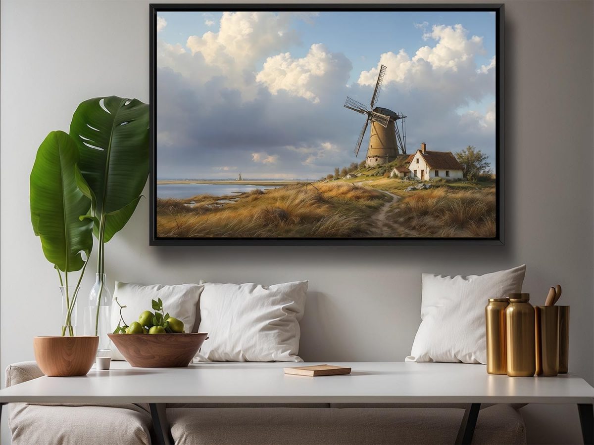 Historische Windmühlenlandschaft , Bild auf Leinwand im Schattenfugenrahmen