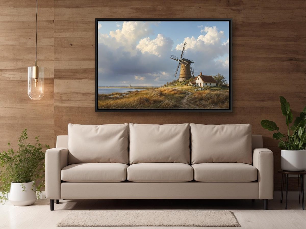 Historische Windmühlenlandschaft , Bild auf Leinwand im Schattenfugenrahmen