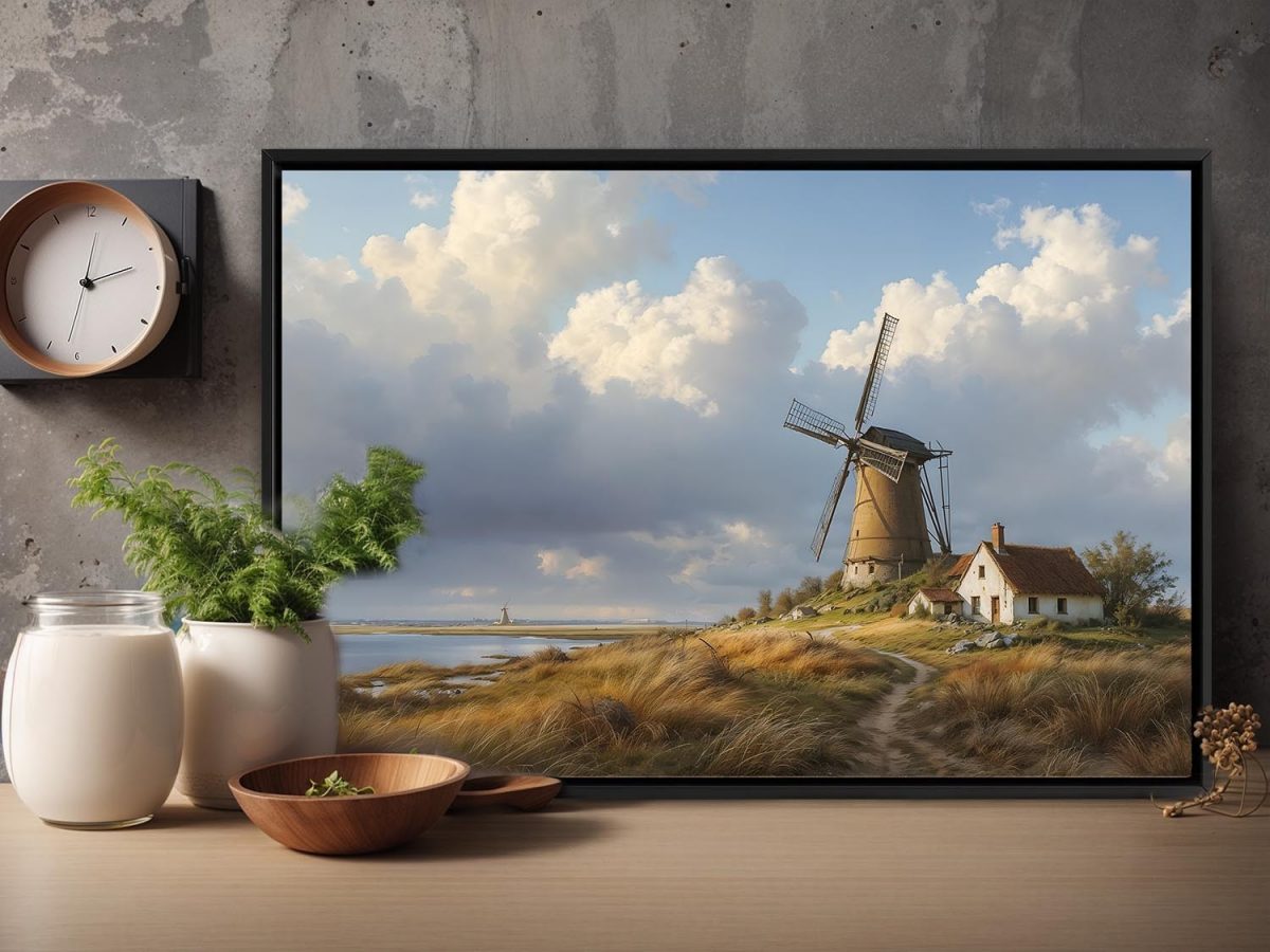 Historische Windmühlenlandschaft , Bild auf Leinwand im Schattenfugenrahmen