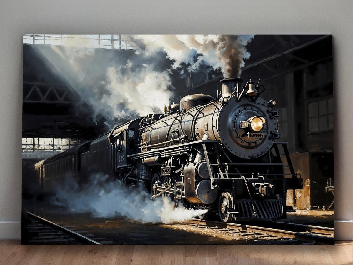 57-653.jpg Dampflok bei Abfahrt aus dem Bahnhof , Bild auf Leinwand