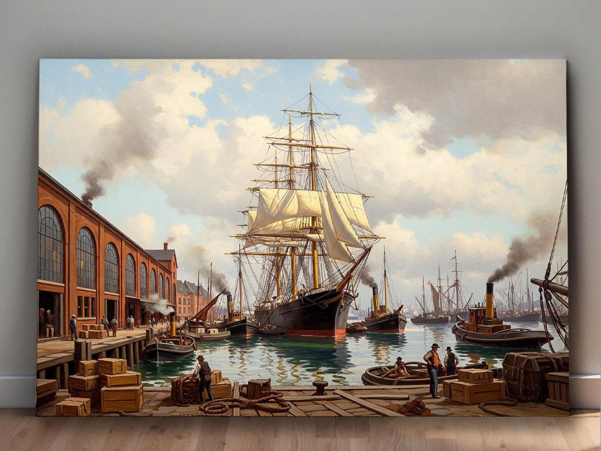 57-658.jpg Historischer Hafen mit Segelschiff , Bild auf Leinwand,