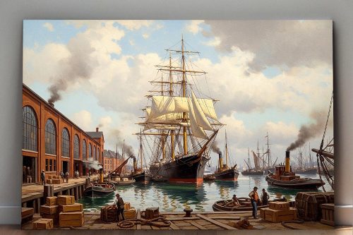 57-658.jpg Historischer Hafen mit Segelschiff , Bild auf Leinwand,