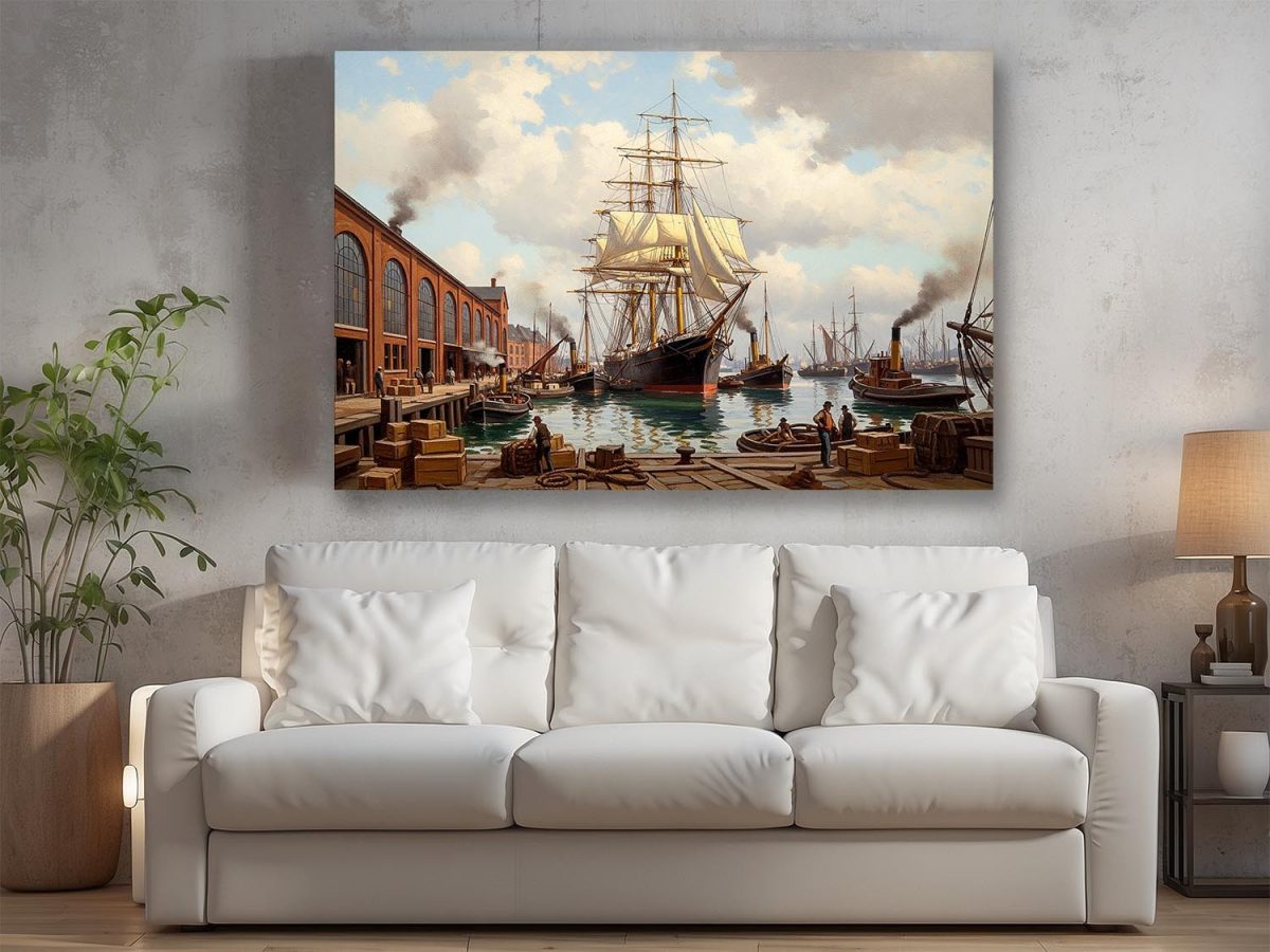 57-659.jpg Historischer Hafen mit Segelschiff , Bild auf Leinwand,