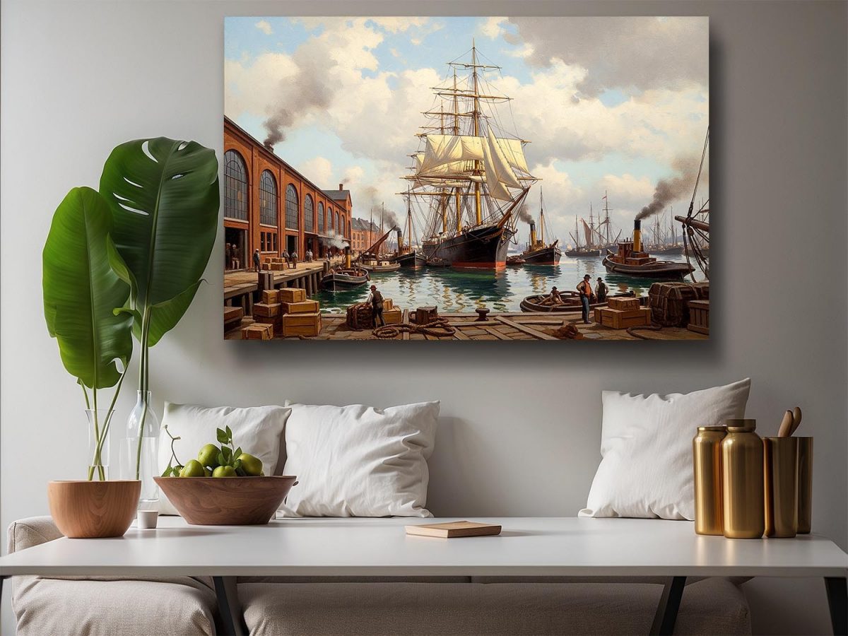 57-660.jpg Historischer Hafen mit Segelschiff , Bild auf Leinwand,