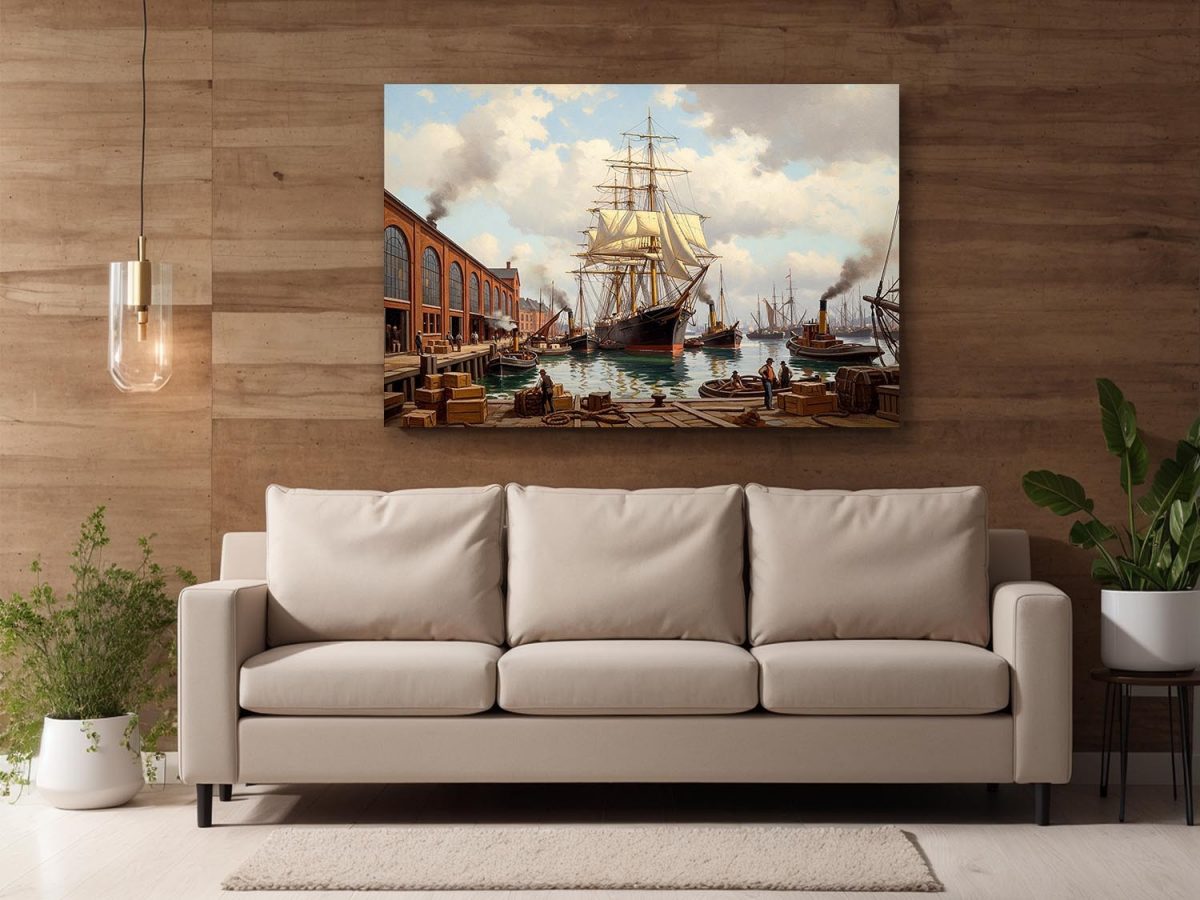57-661.jpg Historischer Hafen mit Segelschiff , Bild auf Leinwand,