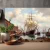 57-662.jpg Historischer Hafen mit Segelschiff , Bild auf Leinwand,