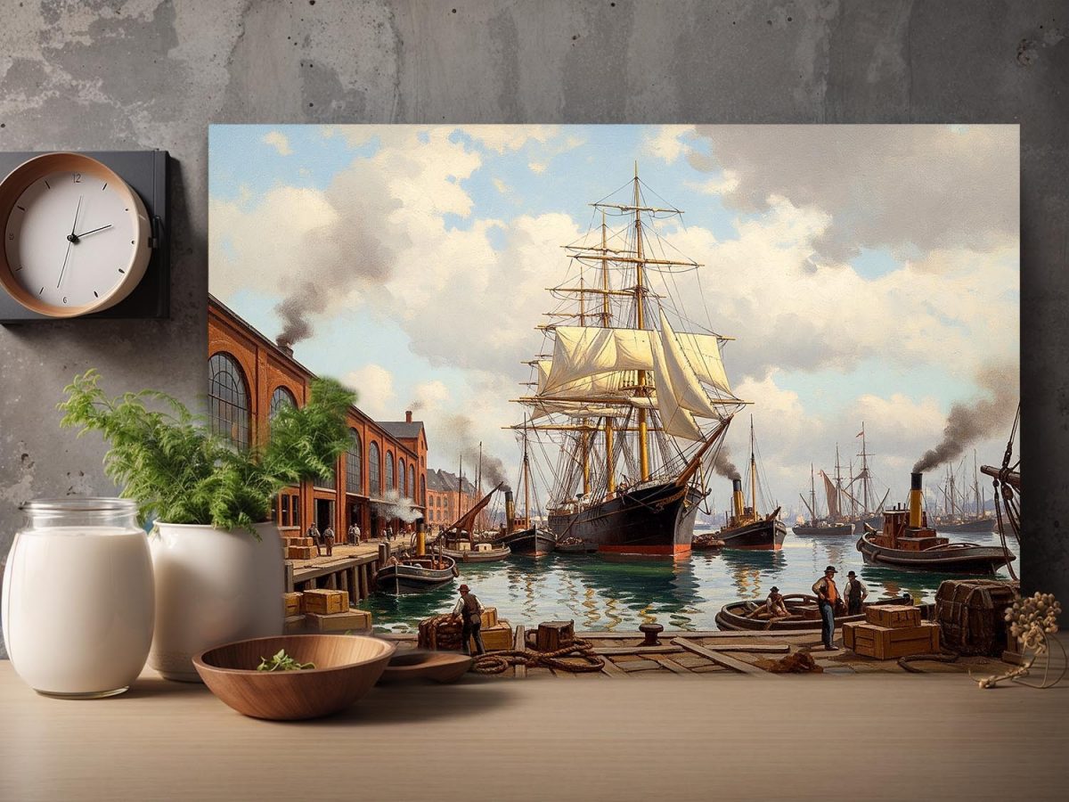 57-662.jpg Historischer Hafen mit Segelschiff , Bild auf Leinwand,