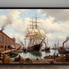 Historischer Hafen mit Segelschiff , Bild auf Leinwand mit Rahmen