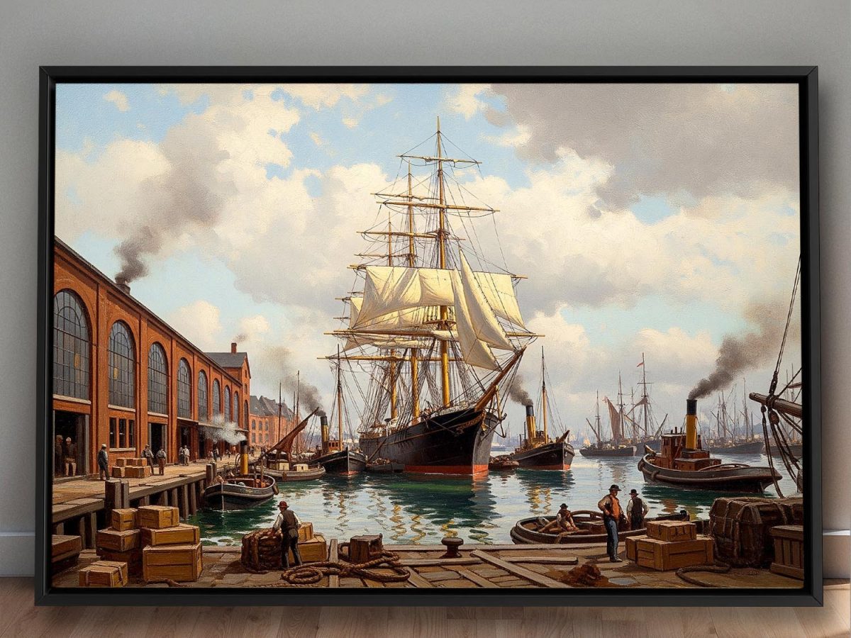 Historischer Hafen mit Segelschiff , Bild auf Leinwand mit Rahmen