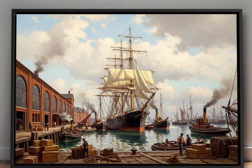 Historischer Hafen mit Segelschiff , Bild auf Leinwand mit Rahmen