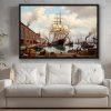 Historischer Hafen mit Segelschiff , Bild auf Leinwand mit Rahmen