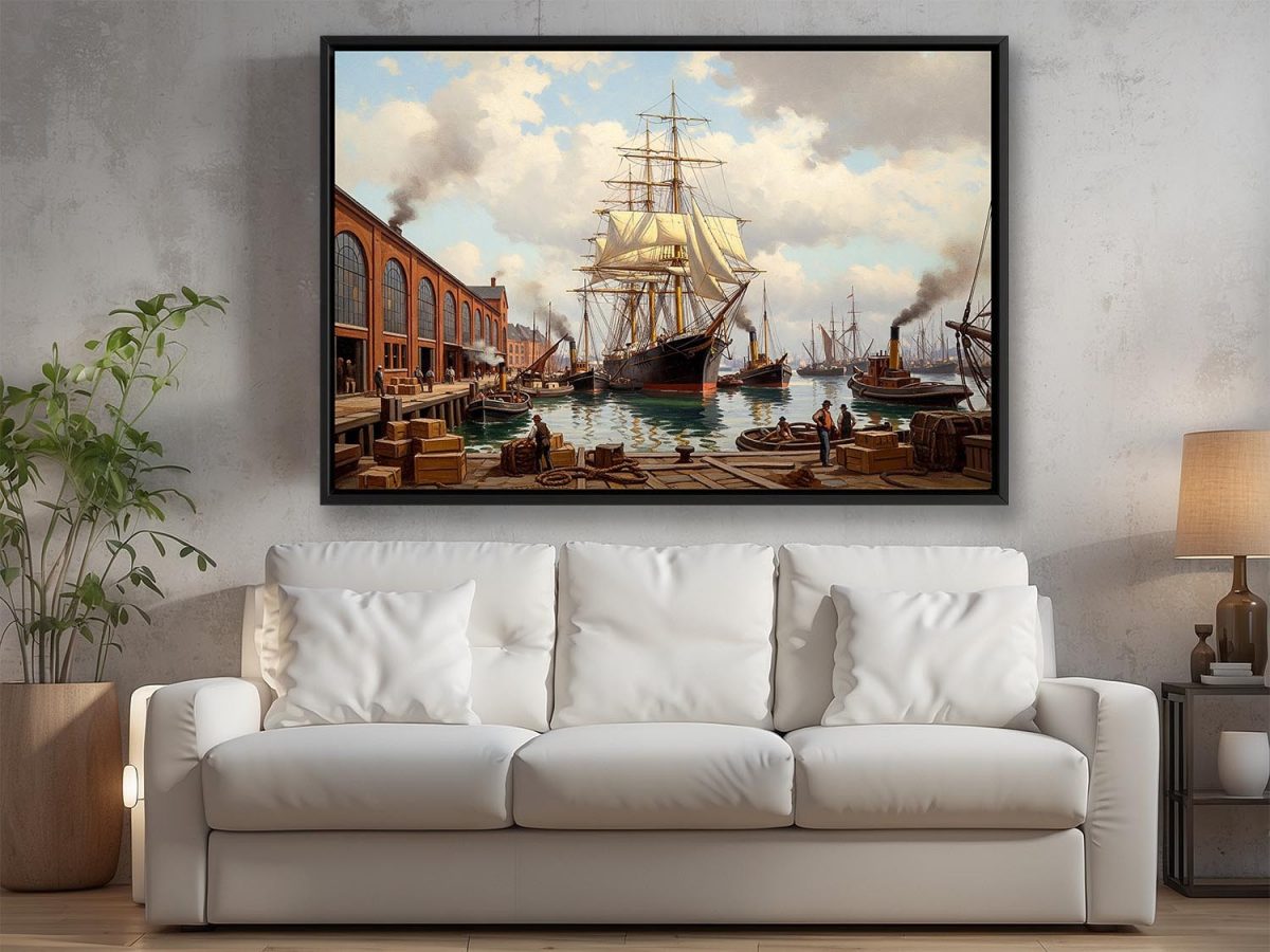 Historischer Hafen mit Segelschiff , Bild auf Leinwand mit Rahmen