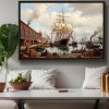 Historischer Hafen mit Segelschiff , Bild auf Leinwand mit Rahmen