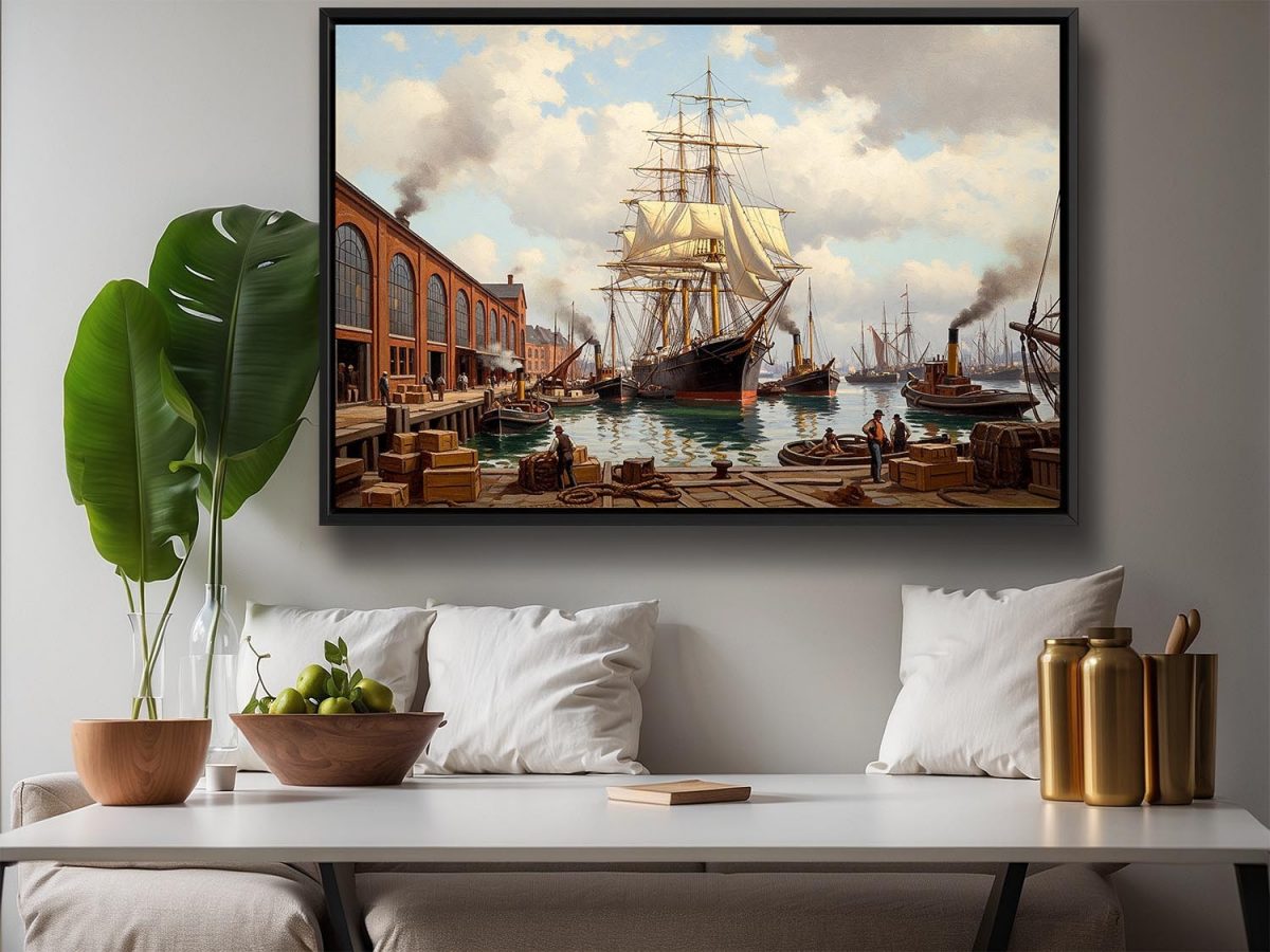 Historischer Hafen mit Segelschiff , Bild auf Leinwand mit Rahmen