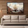Historischer Hafen mit Segelschiff , Bild auf Leinwand mit Rahmen
