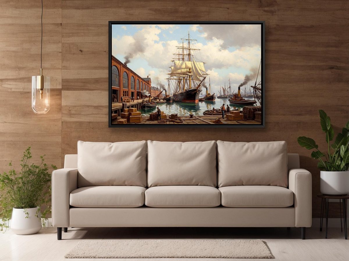 Historischer Hafen mit Segelschiff , Bild auf Leinwand mit Rahmen