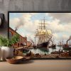 Historischer Hafen mit Segelschiff , Bild auf Leinwand mit Rahmen
