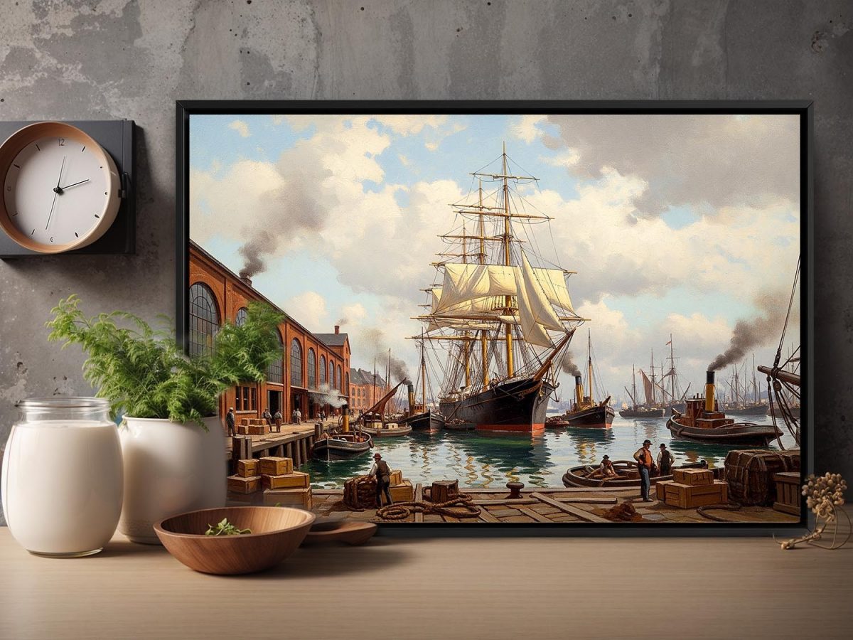 Historischer Hafen mit Segelschiff , Bild auf Leinwand mit Rahmen