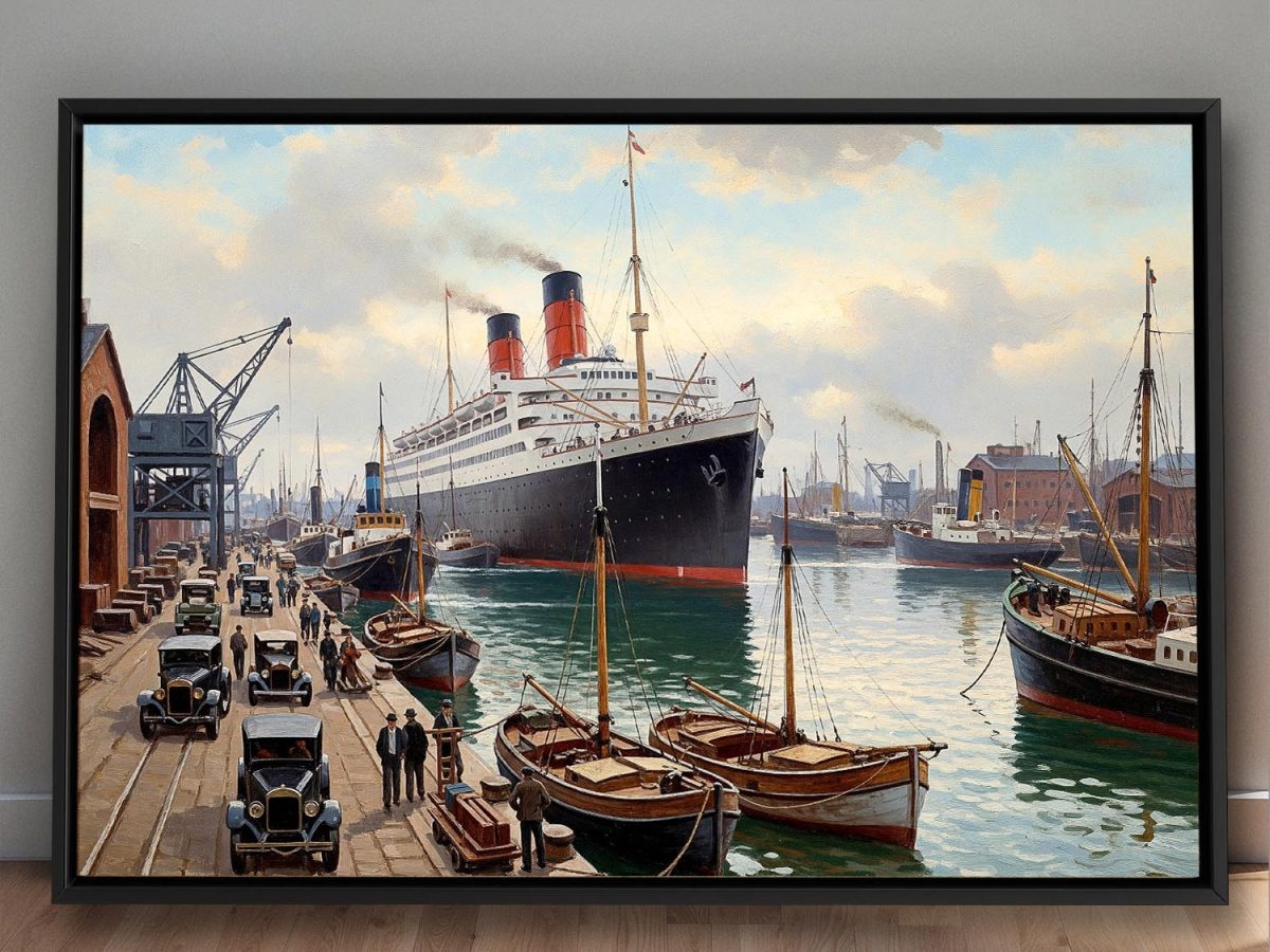 Ankunft des Ozeandampfers im Hafen– Bild auf Leinwand mit Rahmen