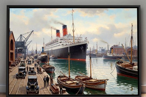 Ankunft des Ozeandampfers im Hafen– Bild auf Leinwand mit Rahmen
