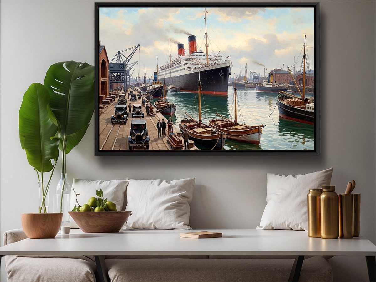 Ankunft des Ozeandampfers im Hafen– Bild auf Leinwand mit Rahmen