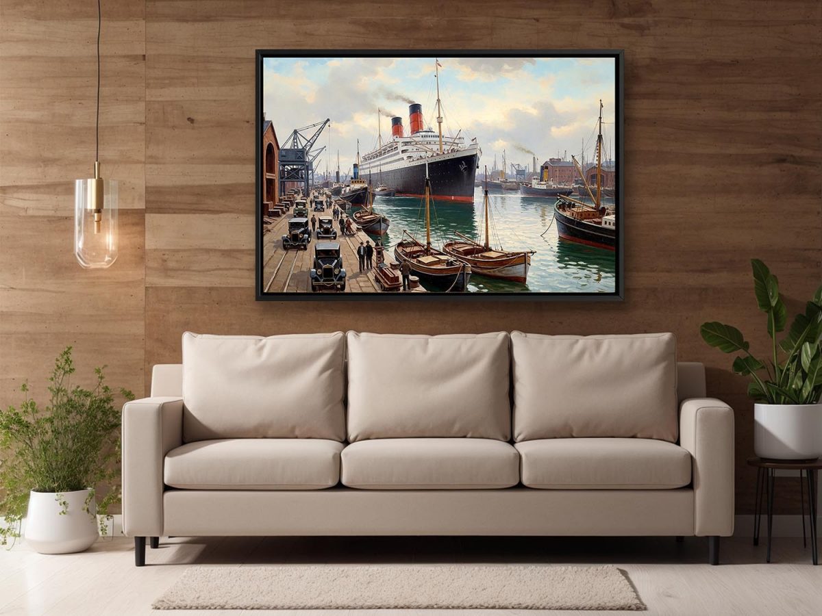 Ankunft des Ozeandampfers im Hafen– Bild auf Leinwand mit Rahmen