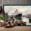 Ankunft des Ozeandampfers im Hafen– Bild auf Leinwand mit Rahmen