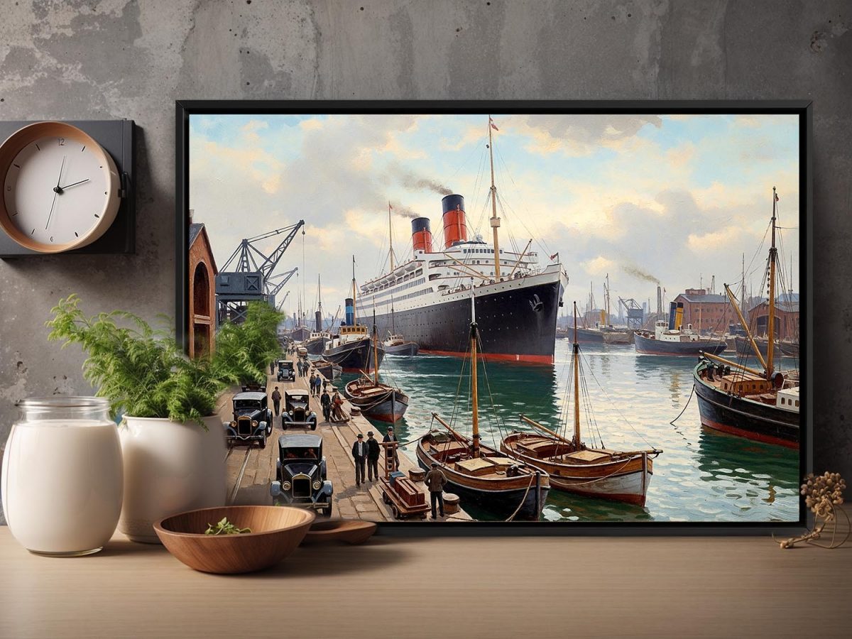 Ankunft des Ozeandampfers im Hafen– Bild auf Leinwand mit Rahmen