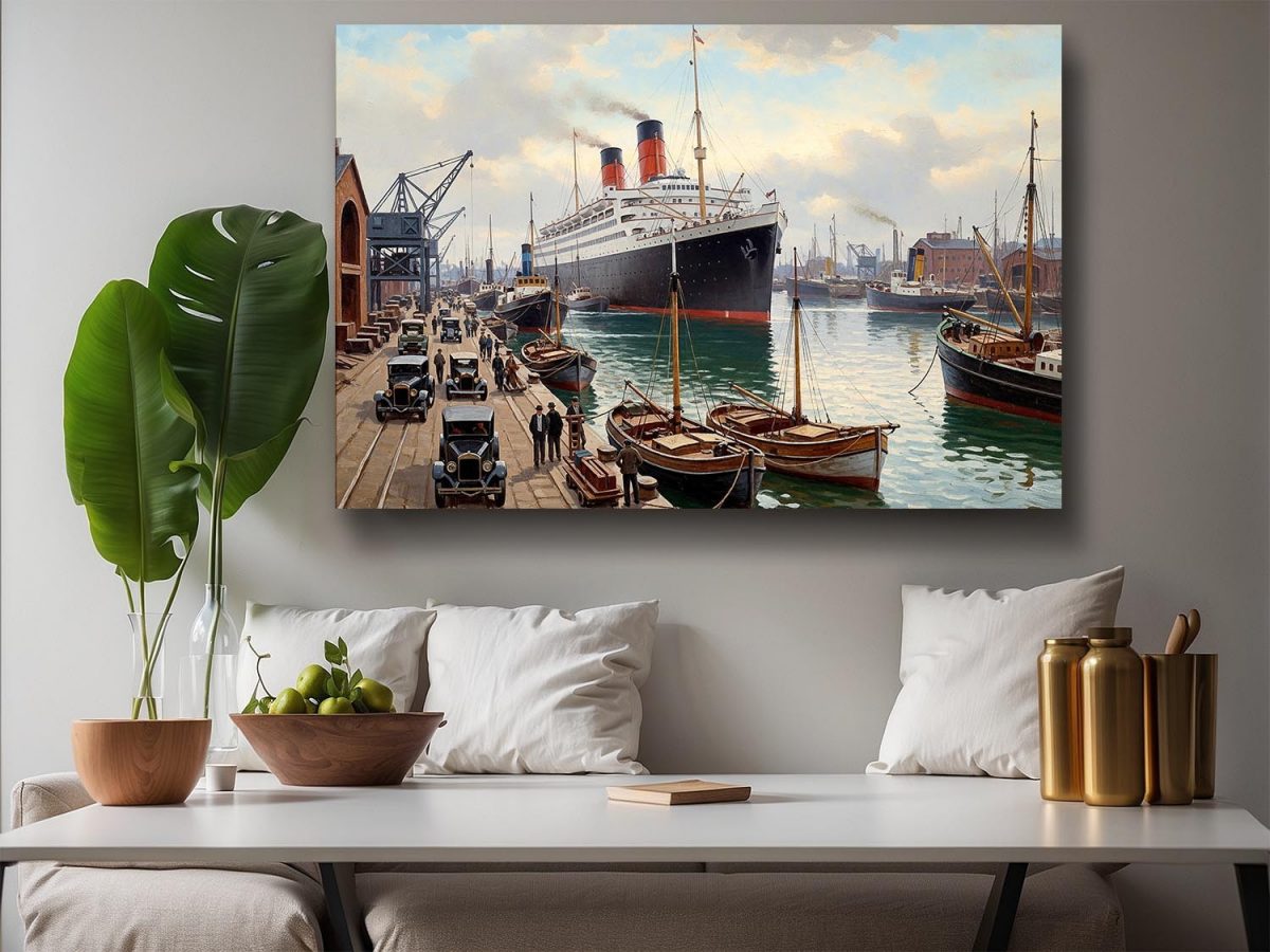 Ankunft des Ozeandampfers im Hafen– Bild auf Leinwand