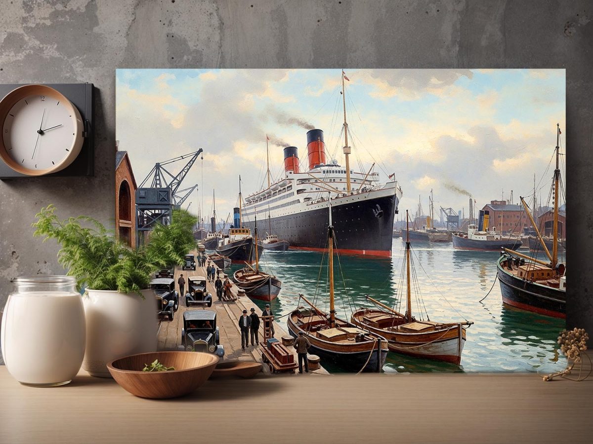 Ankunft des Ozeandampfers im Hafen– Bild auf Leinwand