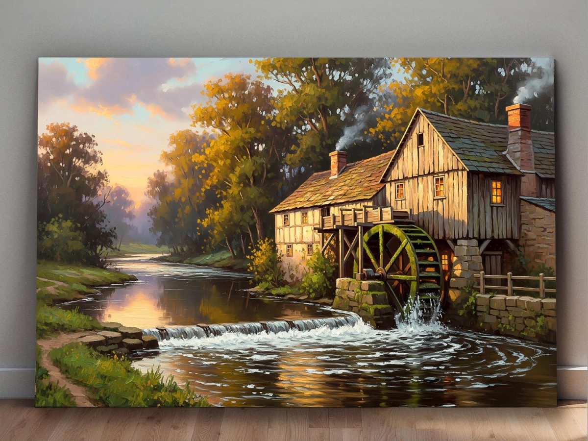 Historische Wassermühle am Herbstbach, Bild auf Leinwand