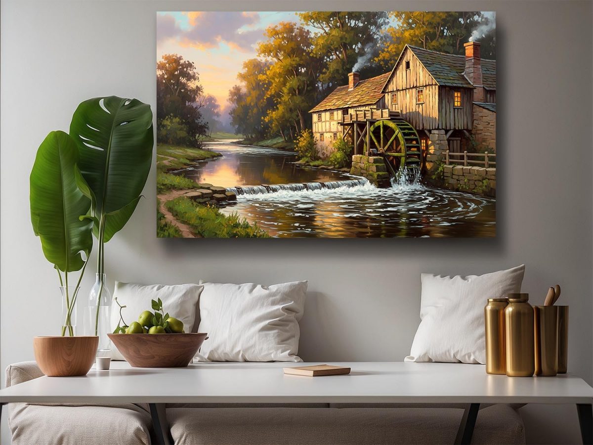 Historische Wassermühle am Herbstbach, Bild auf Leinwand