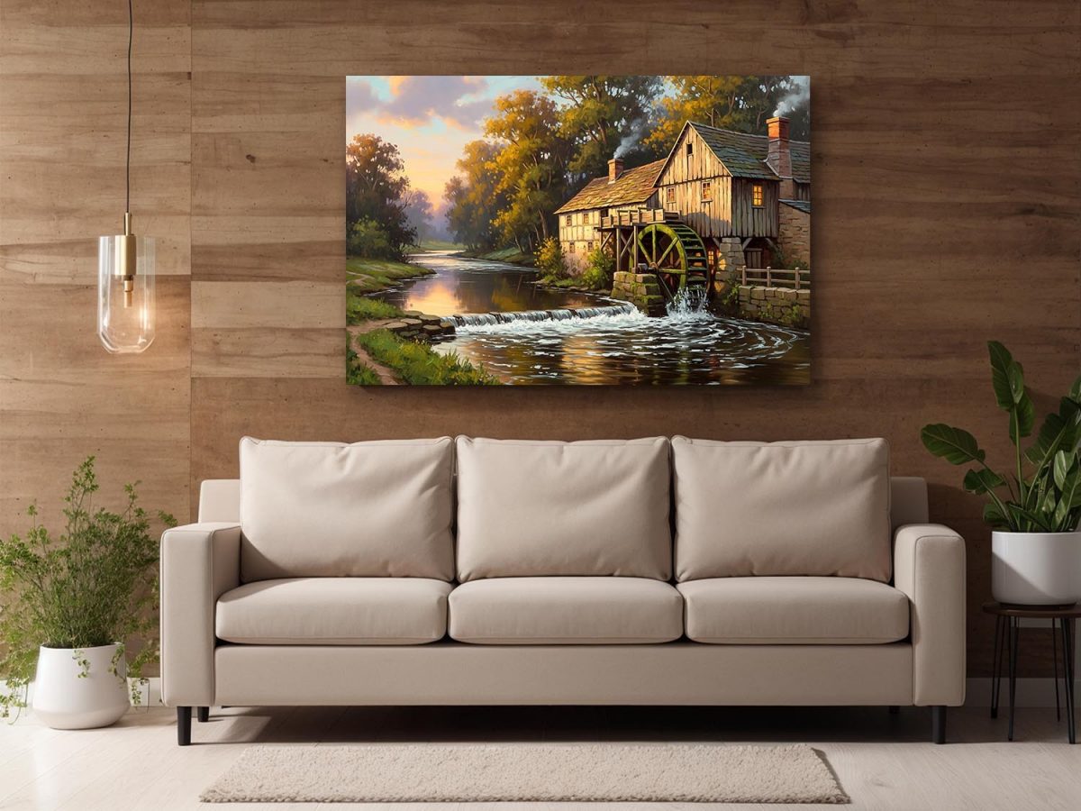 Historische Wassermühle am Herbstbach, Bild auf Leinwand