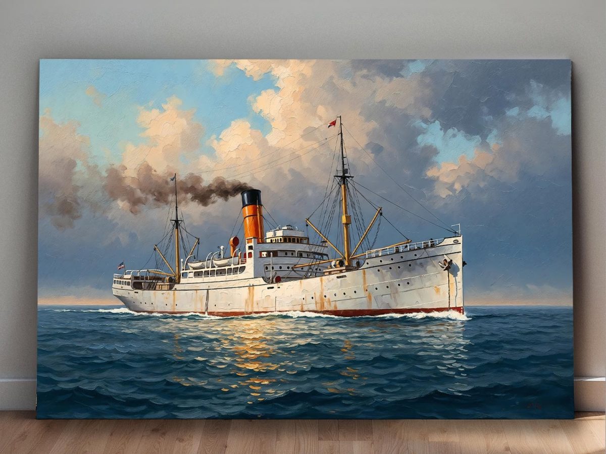 Dampfschiff auf hoher See, Bild auf Leinwand, Frachter