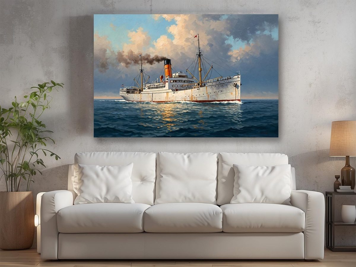 Dampfschiff auf hoher See, Bild auf Leinwand, Frachter