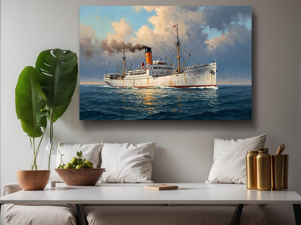 Dampfschiff auf hoher See, Bild auf Leinwand, Frachter