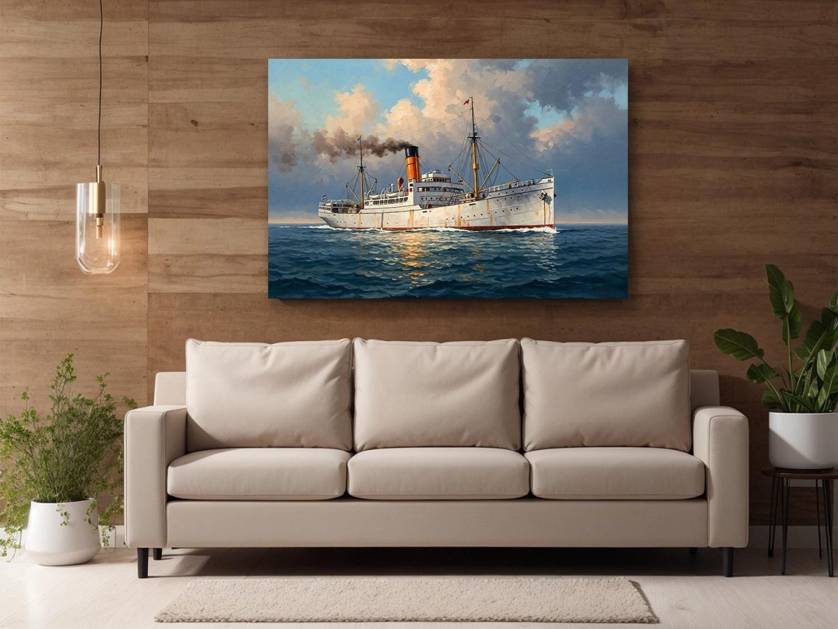 Dampfschiff auf hoher See, Bild auf Leinwand, Frachter