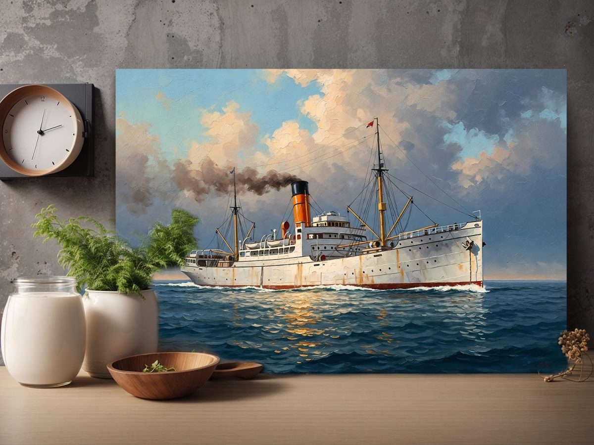 Dampfschiff auf hoher See, Bild auf Leinwand, Frachter