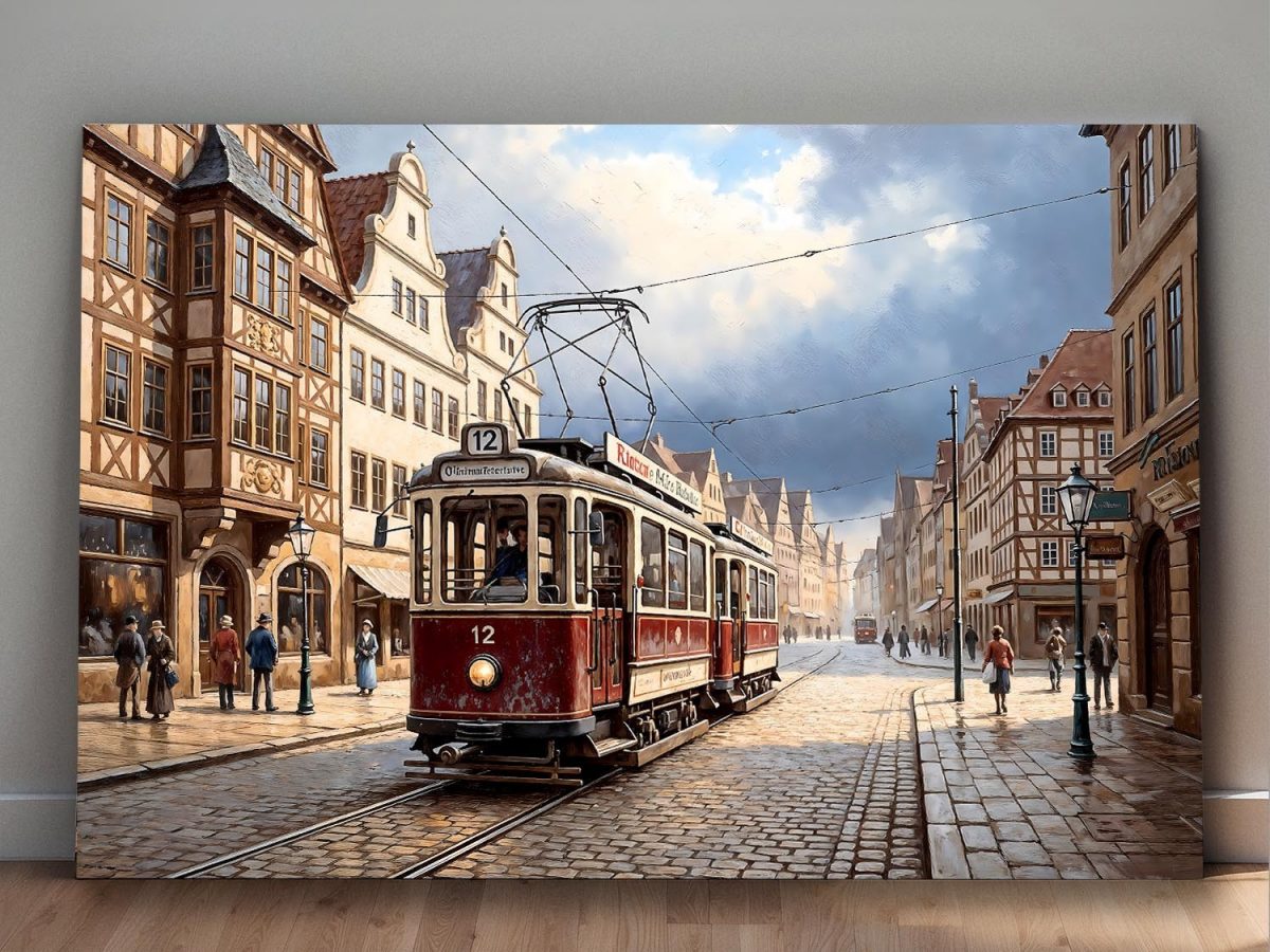 57-698.jpg Historische Straßenbahn, Bild auf Leinwand,