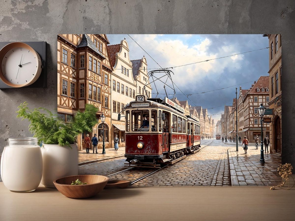 57-702.jpg Historische Straßenbahn, Bild auf Leinwand,