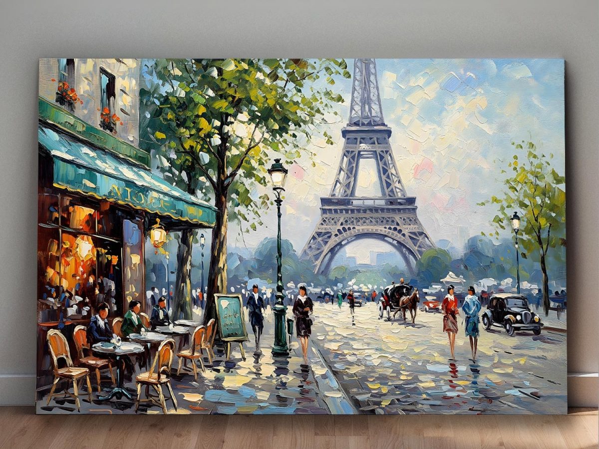 Pariser Café-Szene mit Eiffelturm , Bild auf Leinwand