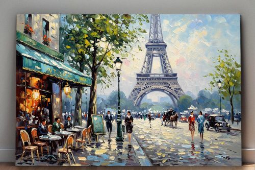 Pariser Café-Szene mit Eiffelturm , Bild auf Leinwand