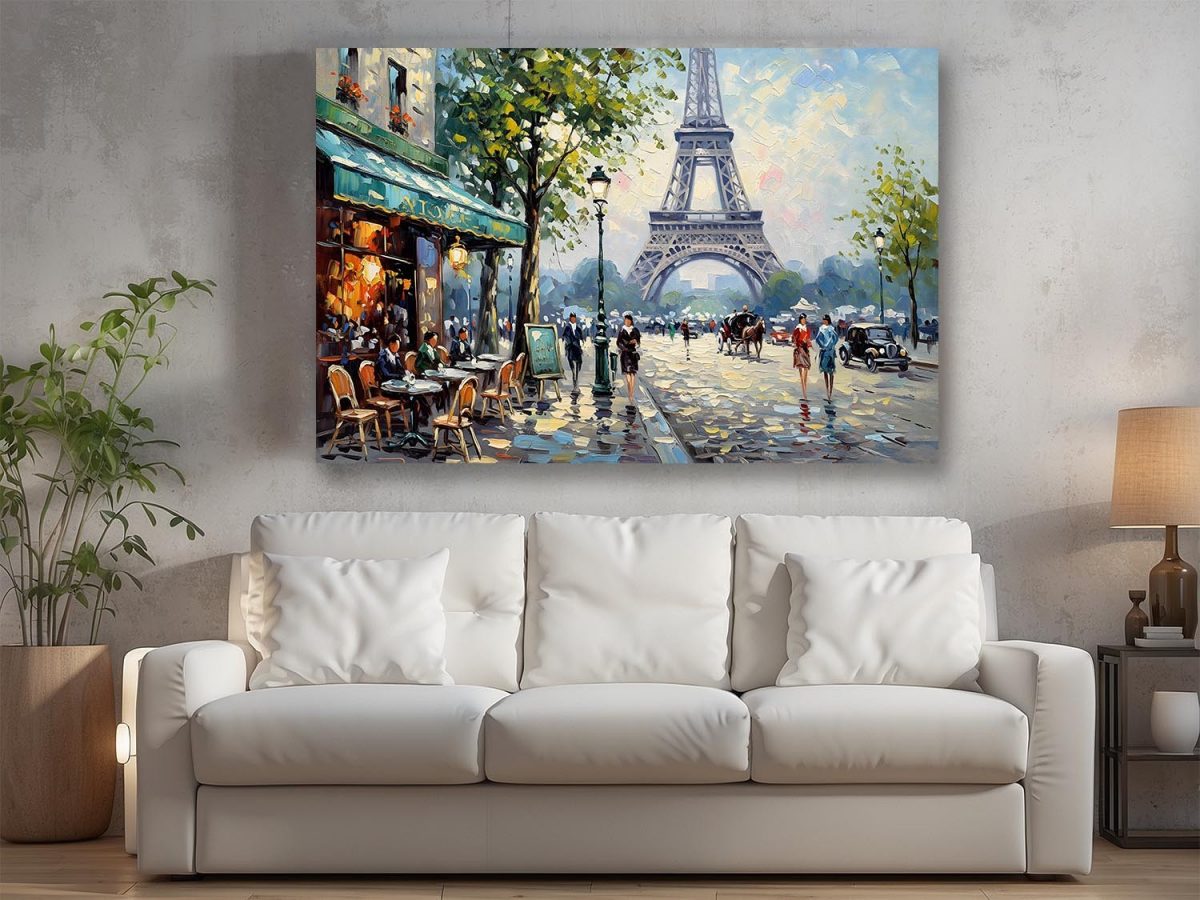 Pariser Café-Szene mit Eiffelturm , Bild auf Leinwand