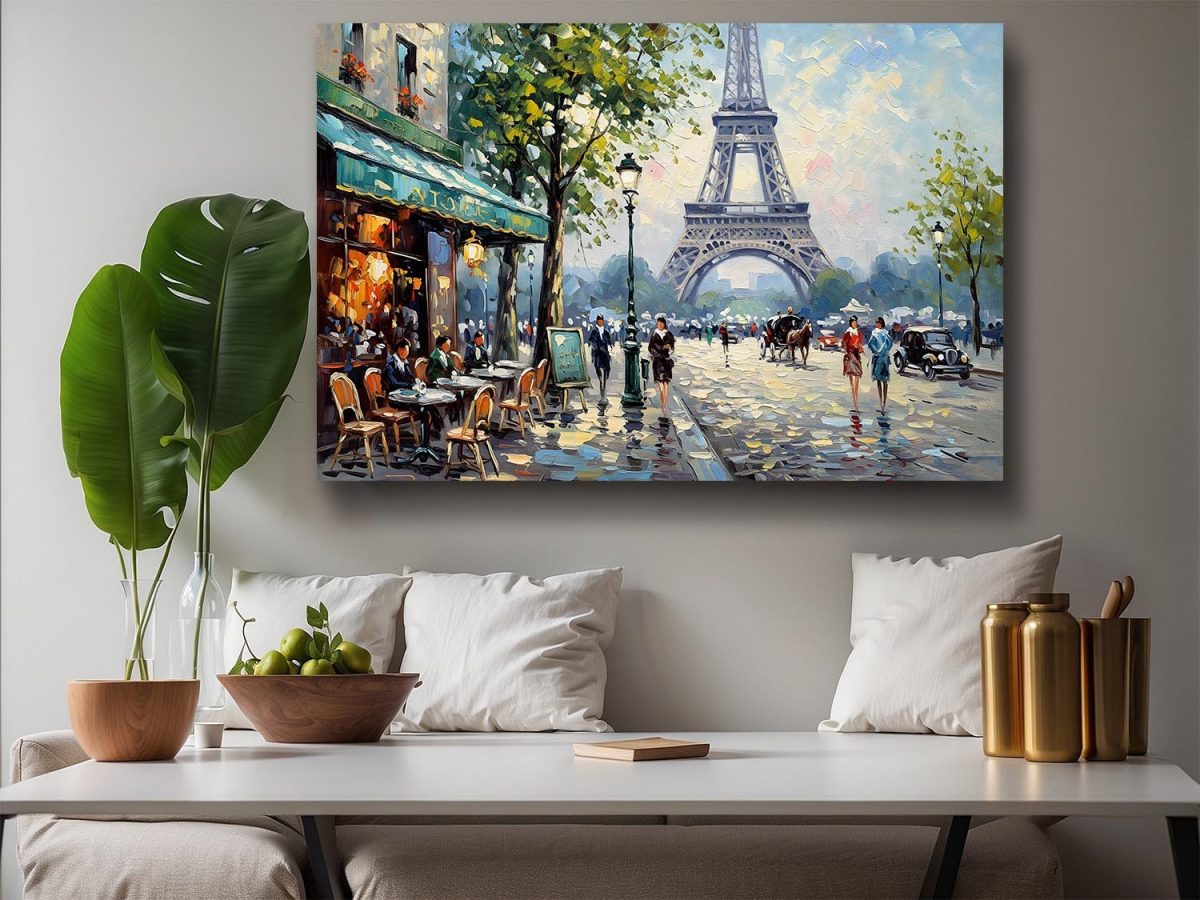 Pariser Café-Szene mit Eiffelturm , Bild auf Leinwand